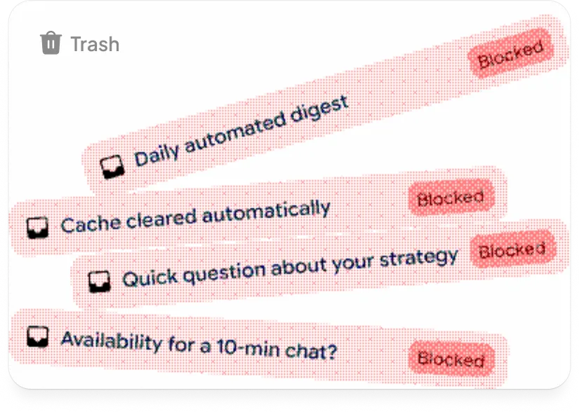 Trash view with automated emails marked Blocked and cleared from the inbox